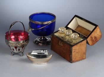 Two sugar bowls of colored glass and sterling silver, tantalus and Ronson lighter (4)