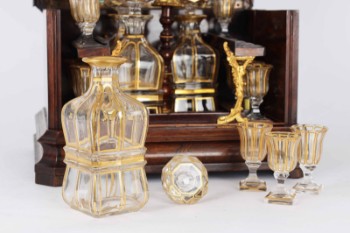 Antique French liqueur and spirit cabinet. Set of decanters and glasses in rosewood box.