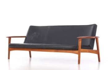 Fritstående sofa af teak og sort læder, skandinavisk møbeldesign, 1960erne