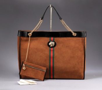 GUCCI. Rajah stor shopping tote/ taske af brunt ruskind med signatur farver og medfølgende pochette (2)