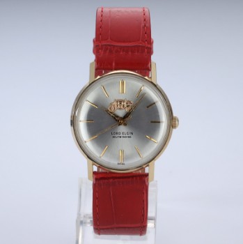 Lord Elgin Fisher Body. Vintage mens watch in 14 kt. gold with silver dial, 1960s