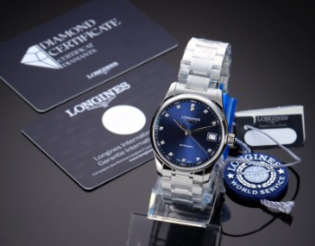 Longines Master Collection. Automatic mid-size womens watch in steel with blue dial with diamonds - cert. approx. 2023