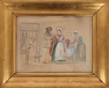 David Jacobsen (1821-1871): Bruden pyntes. Bly og akvarel på papir