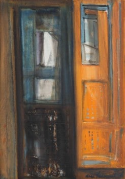 Aage Strand (1910-1975). Orangefarvet dør Godhavnsgade, olie på lærred