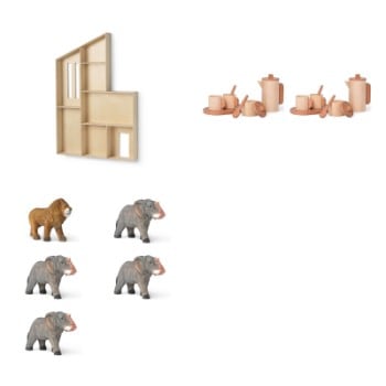 Ferm Living. Miniature Funkis House Shelf, 2 x Toro Tea Set Natural og Løve og elefant figure, legetøj (8)
