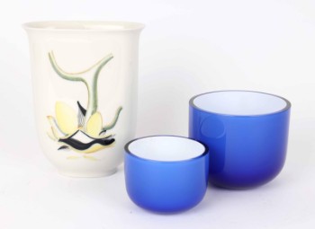 Royal Copenhagen vase and Holmegaard glass: Torkild Olsen porcelain vase and two blue Holmegaard glass bowls. (3)