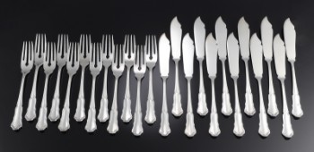 C. Rasmussen. Silver fish cutlery in rococo form for 12 people (24)