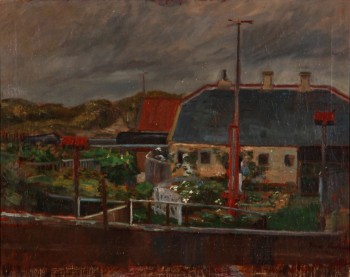 Ubekendt kunstner. Huse nær klitter, set fra baghaverne, 1910