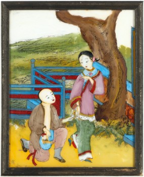 Kinesisk glasmaleri med erotisk motiv.