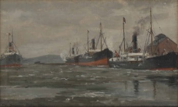 Christian Benjamin Olsen (1873-1935): Dampere i Vejle havn, olie på lærred