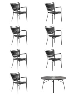 Cinas. Ét Ellen havebord og syv stole. (8)
