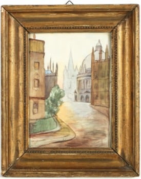 Lille byparti med kathedral, akvarel. Start 1900-tallet.