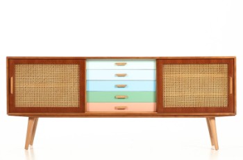 Unknown furniture manufacturer. Low sideboard L. 195 with colored drawers and French wicker