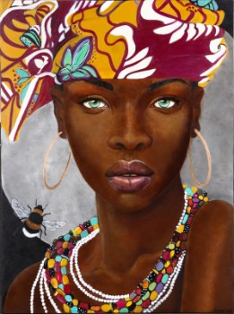Bente Jepsen/BenJep.  Komposition med afrikansk kvinde.100 x 120 cm.