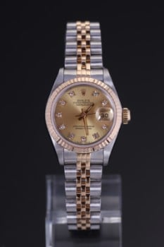 Rolex Oyster Perpetual Datejust damearmbåndsur, stål og 18 kt guld med brillanter