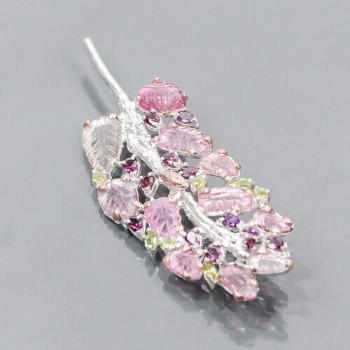 Large rhodium-plated sterling silver brooch with tourmalines