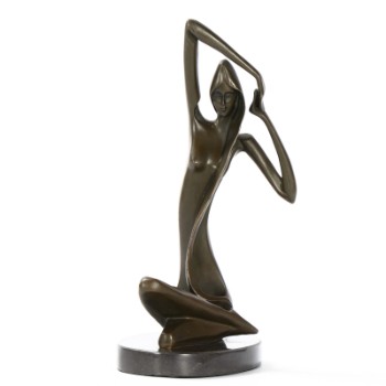 Bronzeskulptur, siddende poserende nøgen kvinde