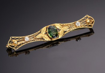 Vintage tourmaline and diamond brooch of 14 kt. gold, approx. 1940-50s