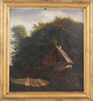 Carl Scheuerman (1803-1859): Landskab med hus i et skovbryn