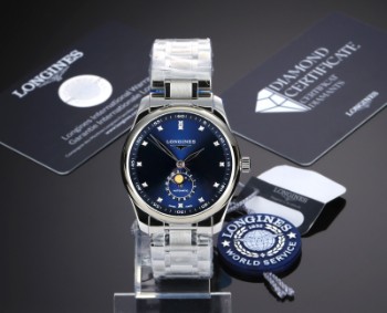 Longines Master Collection Moonphase. Automatic mens watch in steel with blue dial with diamonds - cert. approx. 2023