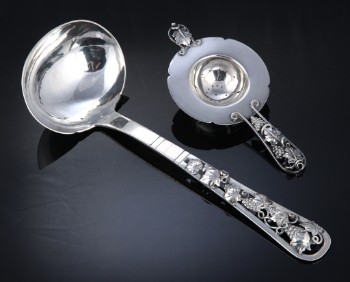 Danish silversmiths. Large serving spoon and silver teapot with openwork grape motif, 1940s (2)