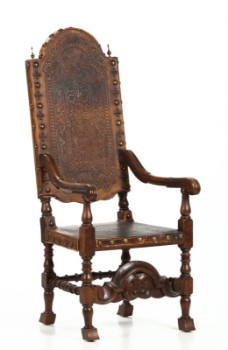 Tronstol i eg og med præget læder , 1800/1900 tallet